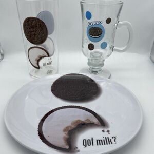 Vintage OREO Cookie Got Milk Lot Plate Plastic Tall Glass Pedestal Mug LOGO Cup